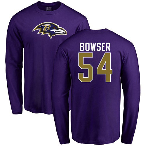 Men Baltimore Ravens Purple Tyus Bowser Name and Number Logo NFL Football #54 Long Sleeve T Shirt